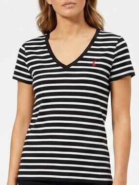 Polo Ralph Lauren Women's Size L Black & White Striped V-Neck Shirt